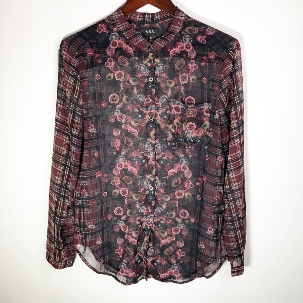 ABS Allen Schwartz Floral Plaid Sheer Blouse M